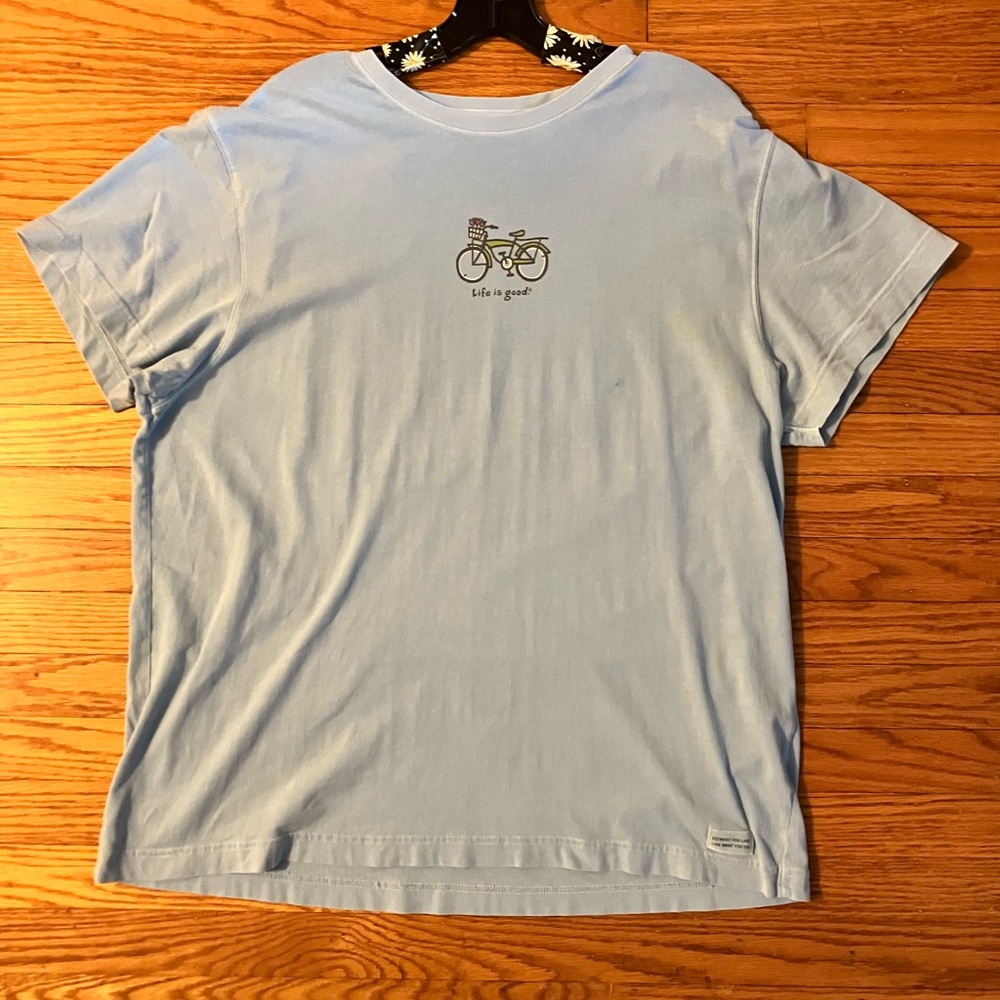 Life Is Good Light Blue Tee with Green Bicycle and Pink Flowers - Picture 2 of 5